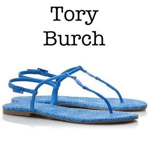Tory Burch Emmy Blue Leather Stitched Logo Thong Sandals Size 5 1/2